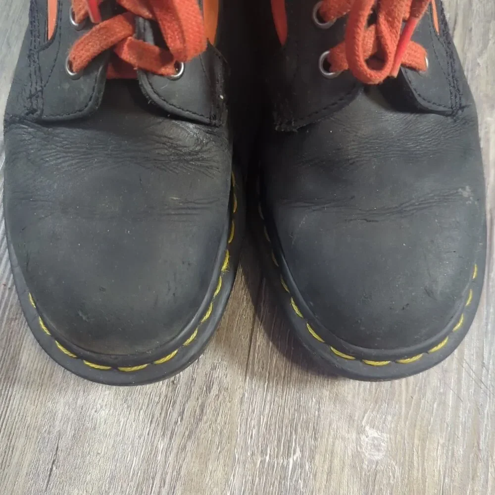 Dr. Martens 1460 Panel Made in England Leather Lace Up Boots Black Orange Mens 6